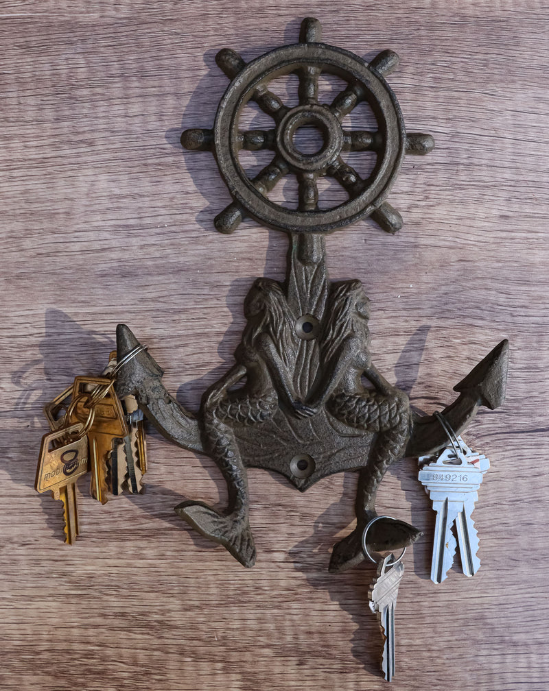 Cast Iron Rustic Nautical Mermaids On Ship Anchor And Helm Double Wall Hooks