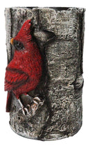 Red Cardinal Faux Birchwood Tree Pillar Candle Holder Rustic Songbird Figurine