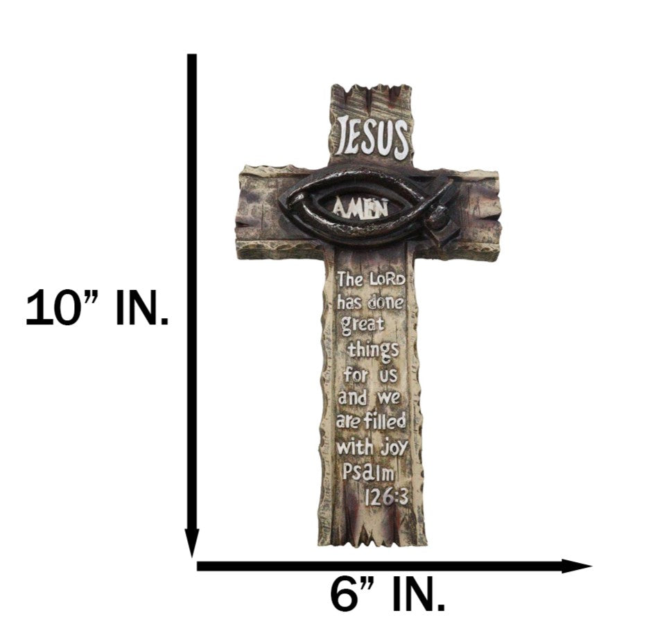 Ichthys Fish Spike Nails Jesus with Scriptural Psalm 126 Faux Wood Wall Cross