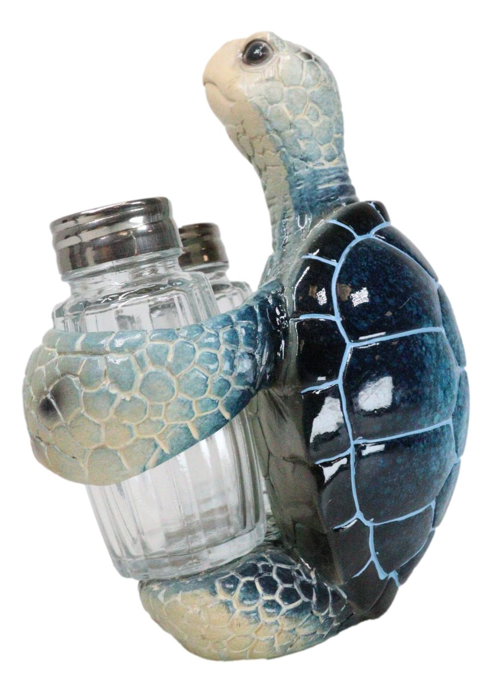 Nautical Marine Blue Giant Sea Turtle Hugging Salt And Pepper Shakers Holder Set - Ebros Gift