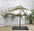 Ocean Marine Silver Tone Serranidae Grouper Fish Sculpture On Metal Pole Stand