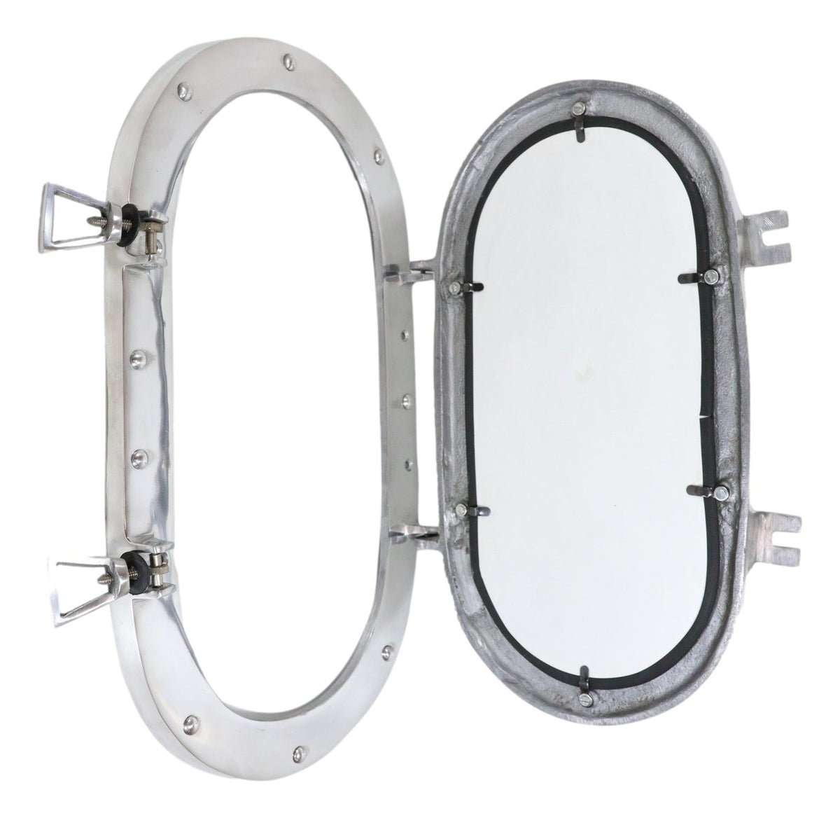 Polished Aluminum Nautical Marine Oval Ship Porthole Folding Wall Mirror 19"L