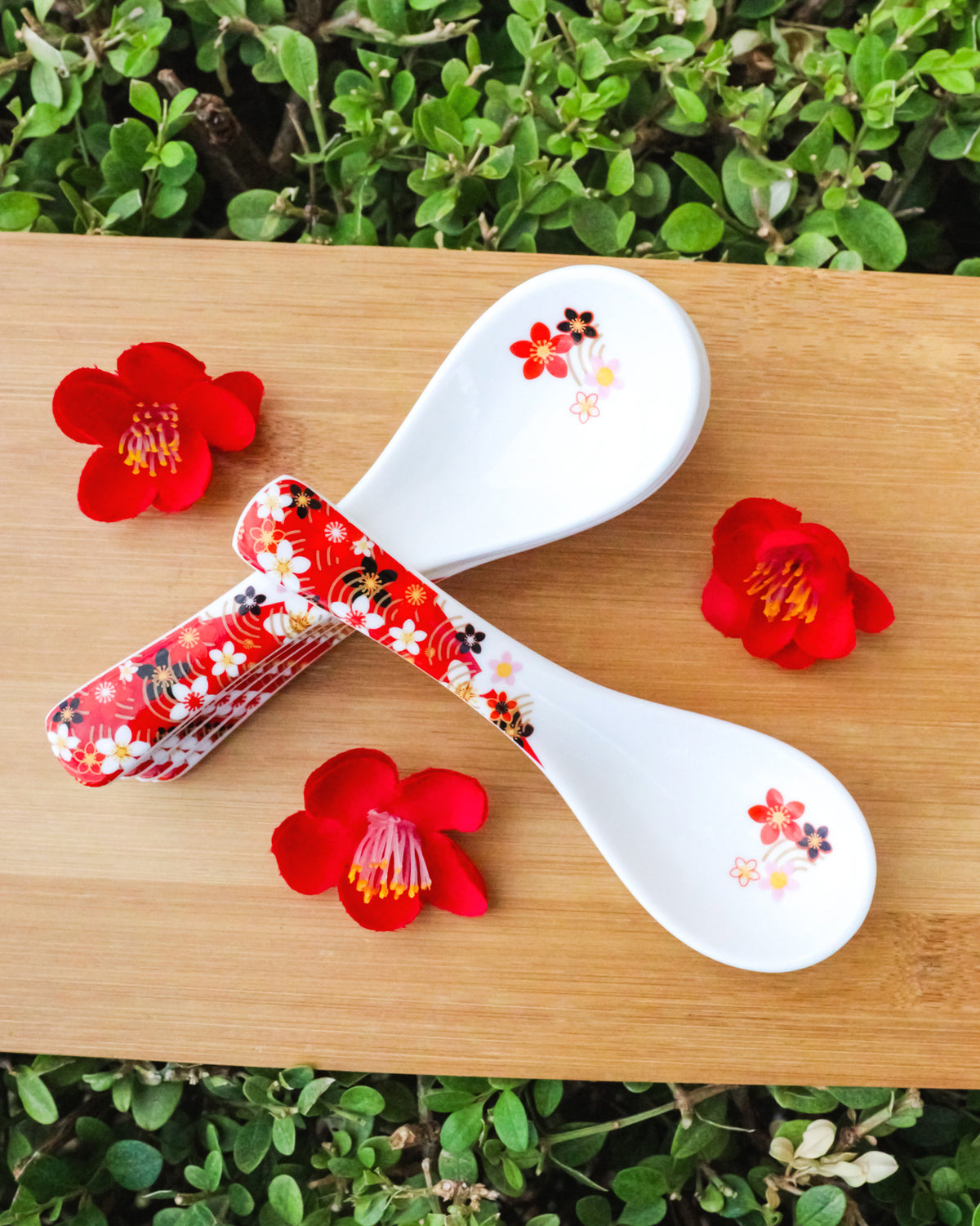 Set of 6 Sakura Cherry Blossoms Porcelain Asian Soup Spoons Japanese Ramen Pho