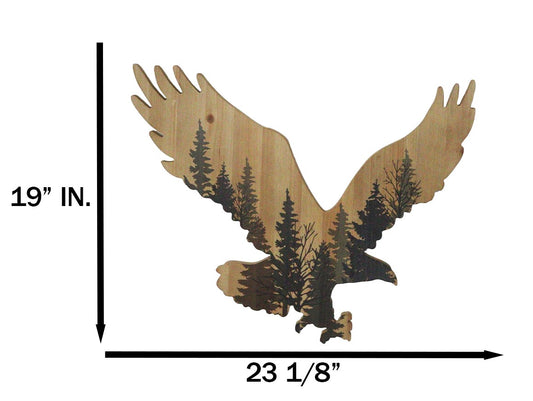 Large 23"L Bald Eagle Swooping With Pine Trees Forest Wooden Wall Decor Plaque