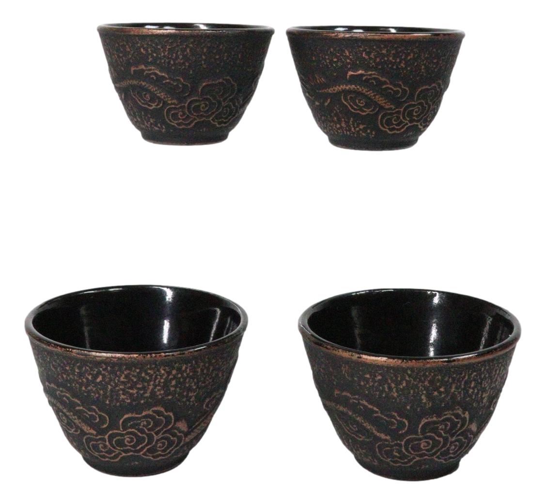 Rustic Bronze Dragon Etching Japanese Tetsubin Style Cast Iron Tea Cups Set of 4