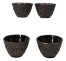 Rustic Bronze Dragon Etching Japanese Tetsubin Style Cast Iron Tea Cups Set of 4