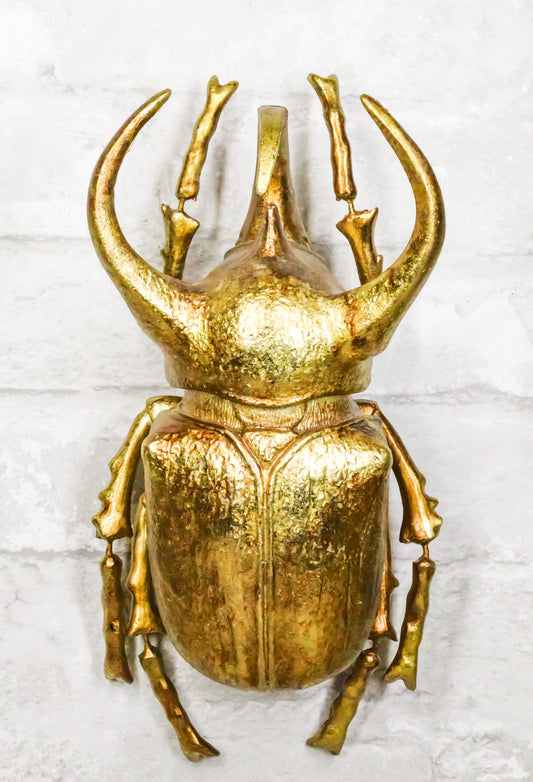 Medium Gold Resin 3 Horned Rhinoceros Beetle Wall Decor Or Tabletop Figurine