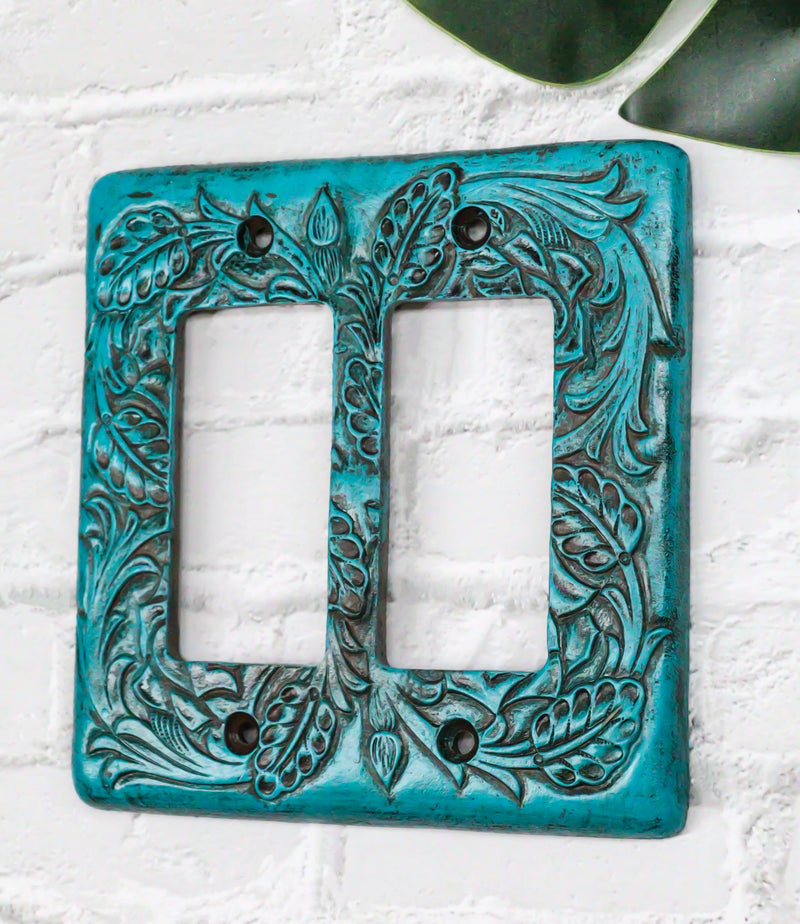 Set of 2 Western Tooled Floral Turquoise Wall Double Gang Rocker Switch Plates