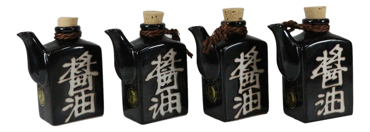 Set Of 4 Black Traditional Japan Soy Sauce Dispenser Flask 9oz Calligraphy - Ebros Gift
