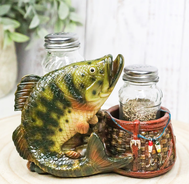 Nautical Fisherman Sea Bass Fishing With Wicker Bags Salt Pepper Shakers Holder