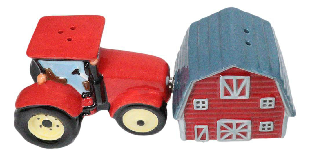 Ceramic Agricultural Country Farm Red Barn And Tractor Salt And Pepper Shakers