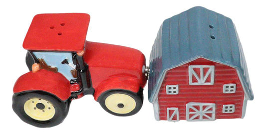 Ceramic Agricultural Country Farm Red Barn And Tractor Salt And Pepper Shakers