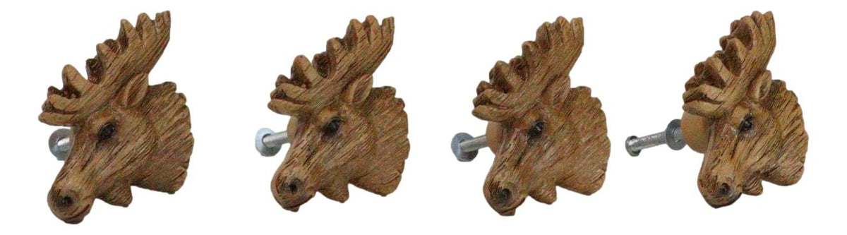 Set Of 4 Western Rustic Forest Elk Moose Faux Wooden Cabinet Door Pull Knobs