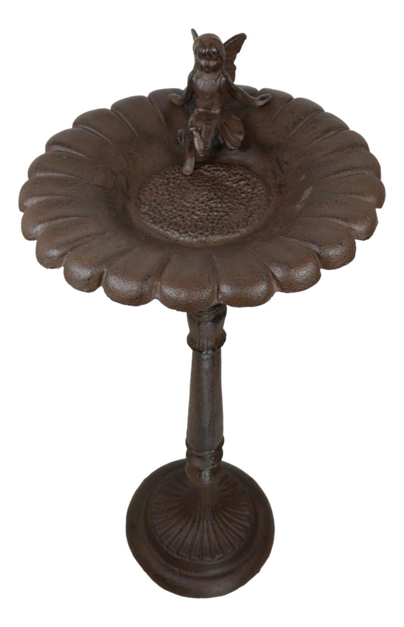 Cast Iron Pretty Garden Fairy Pixie On Sunflower Bird Feeder Bath Garden Statue