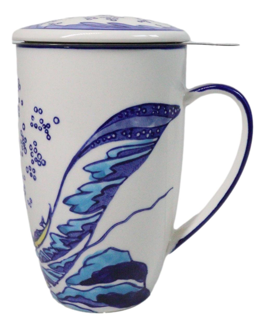 Great Wave Kanagawa 15oz Porcelain Tea Mug With Lid & Stainless Steel Infuser