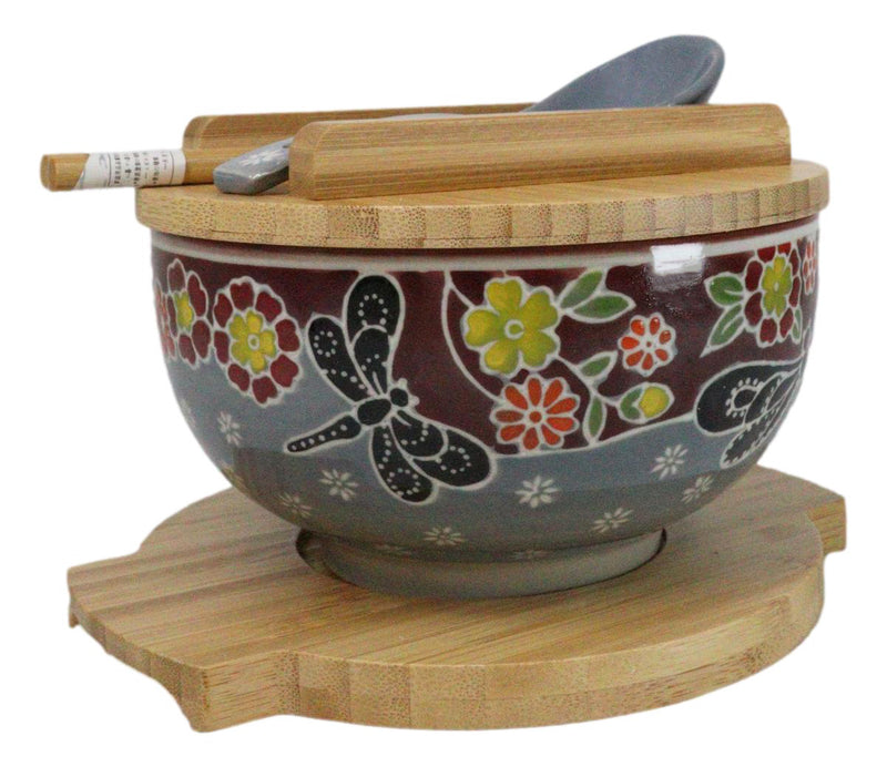 Maroon Tombo Dragonfly Donburi Ramen Bowl With Lid Trivet Spoon Chopsticks Set