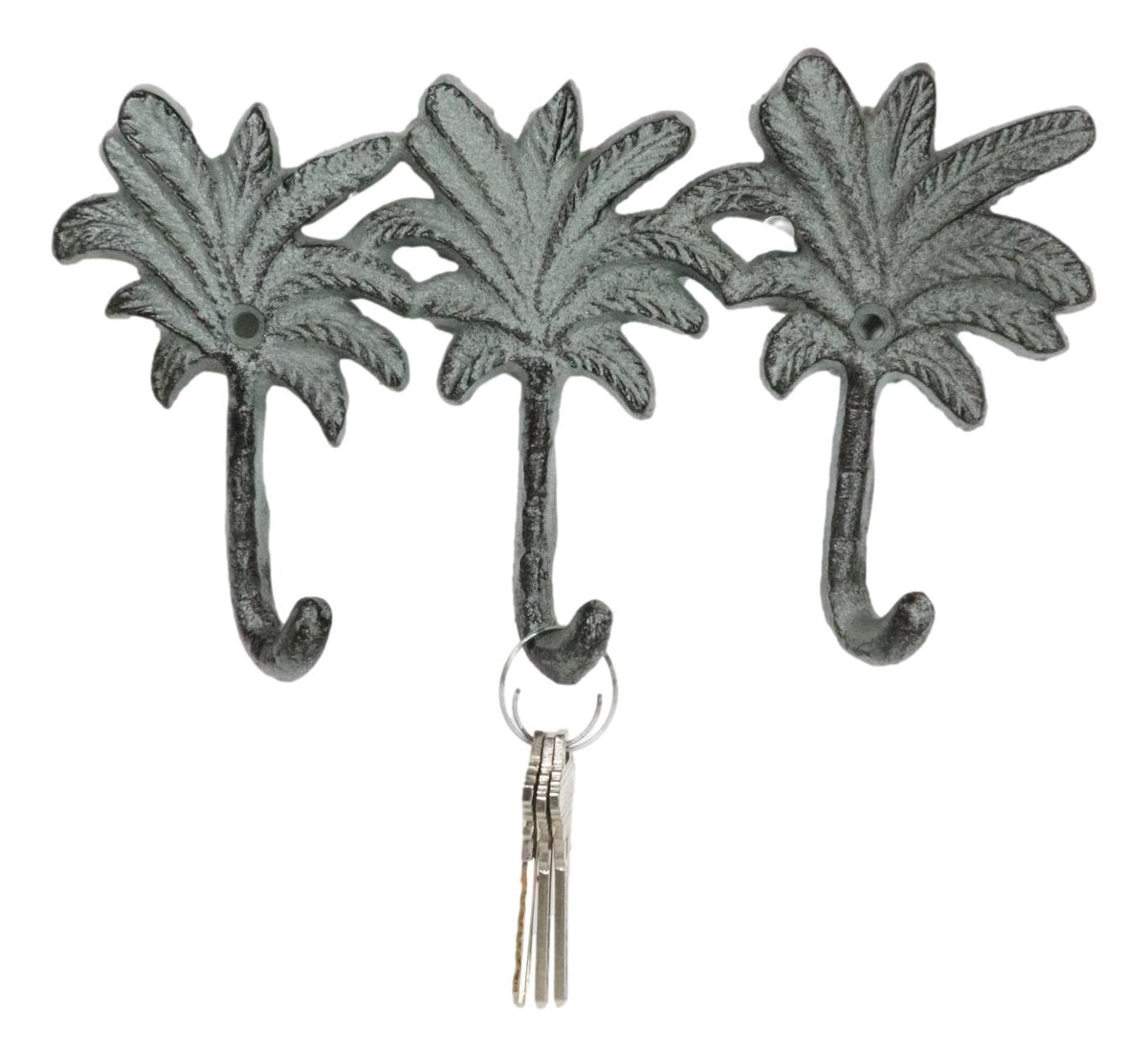 Pack Of 2 Cast Iron Verdigris Beach Coconut Palm Trees Triple Wall Key Hooks - Ebros Gift