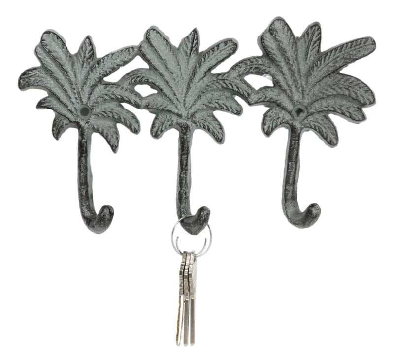 Pack Of 2 Cast Iron Verdigris Beach Coconut Palm Trees Triple Wall Key Hooks