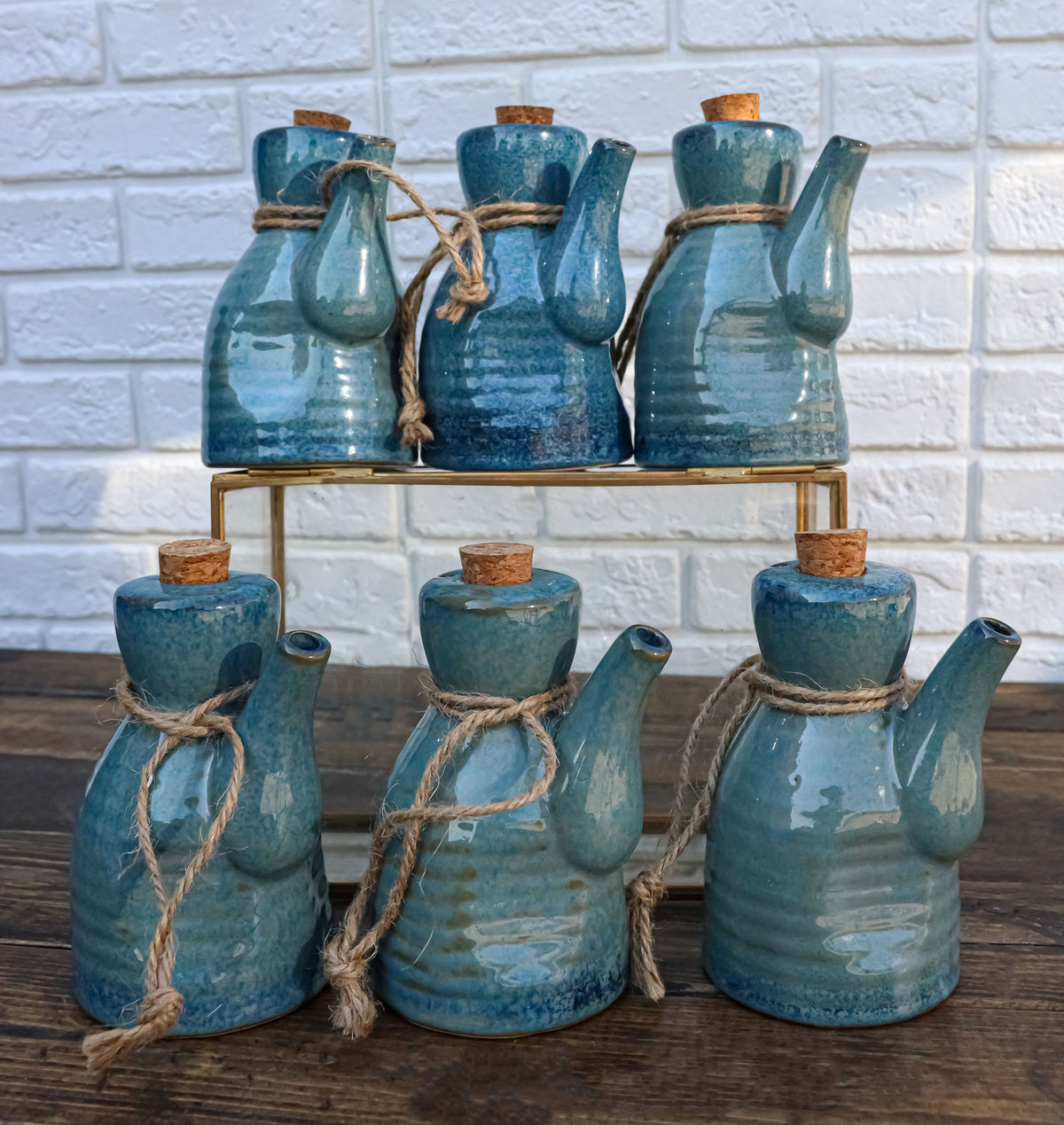 Pack of 6 Porcelain Cool Blue Soy Sauce Vinegar Condiment Dispenser Flask 7oz