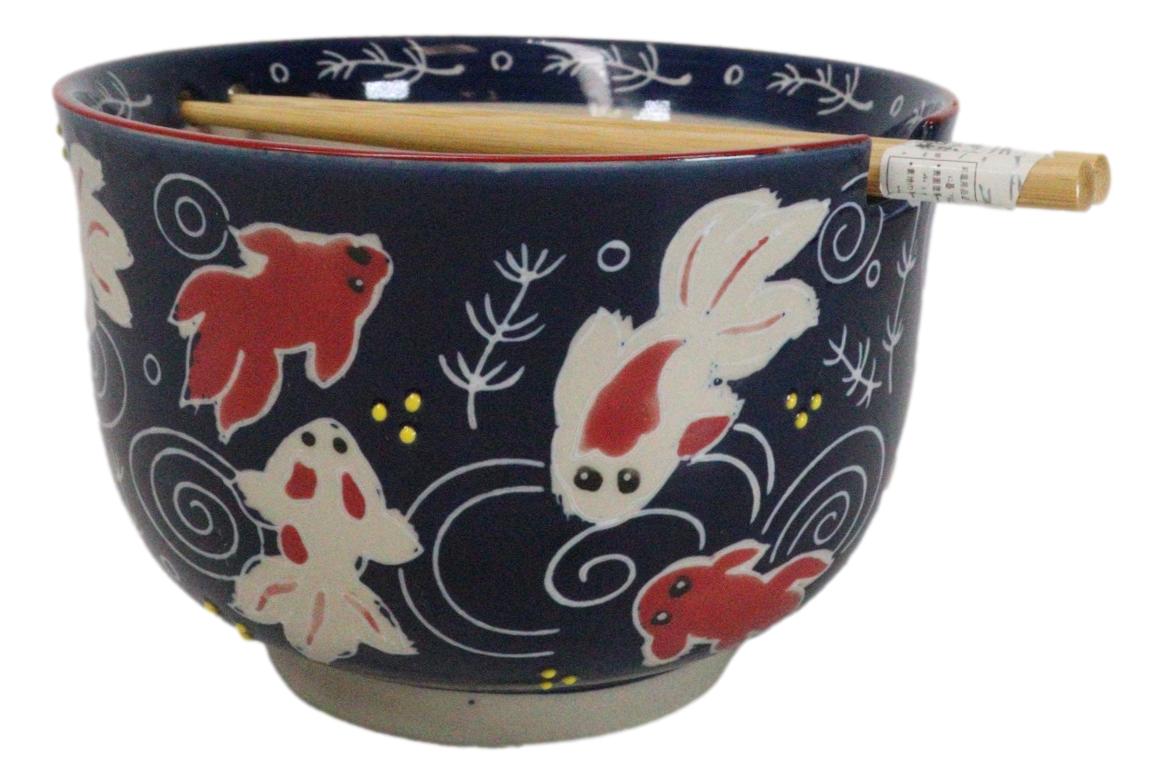Red White Japanese Goldfishes Large 24Oz Donburi Ramen Bowl With Chopsticks Set