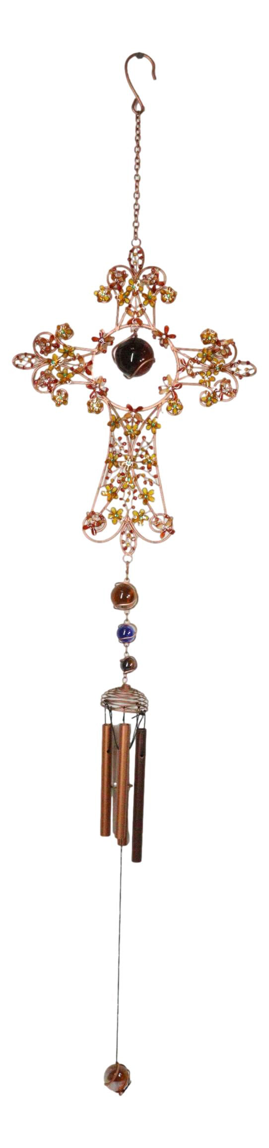 Autumn Floral Gemstones Fleur De Lis Christian Cross Art Glass Metal Wind Chime