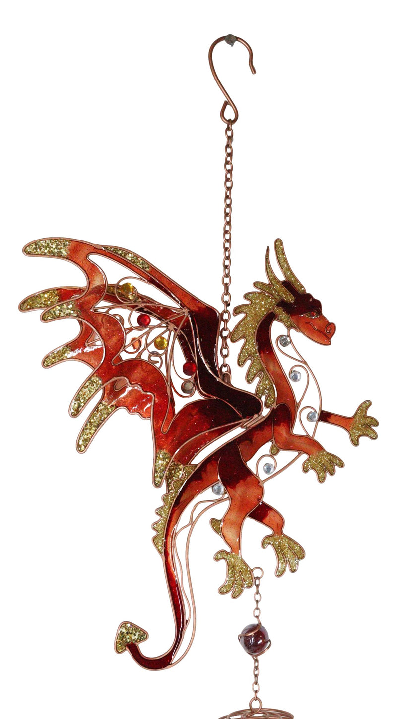Medieval Fantasy Red Gold Fire Dragon Cross Art Glass Gemstones Metal Wind Chime