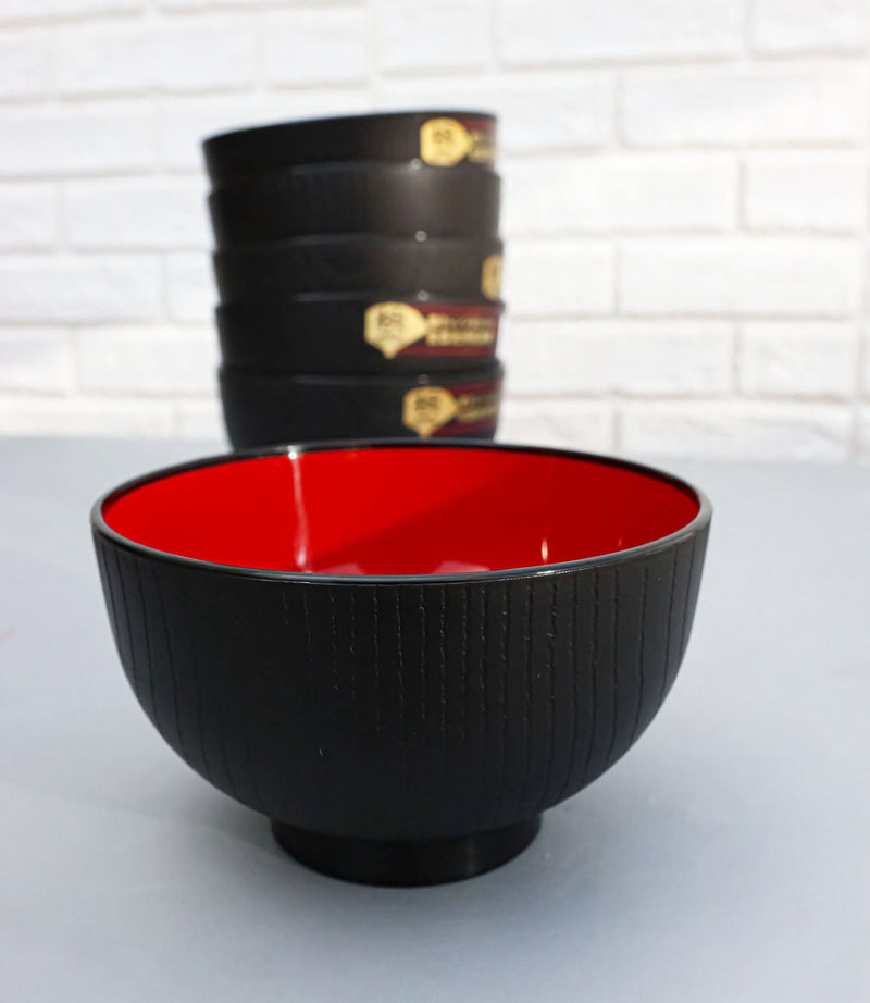 Ebros Japanese Black Red Lacquer Copolymer Plastic Rice Bowl Wood Grain Pattern Set 6
