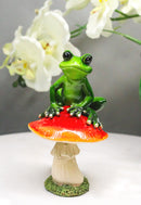 Rainforest Wildlife Green Pond Frog Sitting On Toadstool Mushroom Figurine