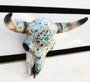 Western Turquoise Floral Horned Cow Skull Wall Decor Plaque