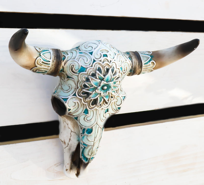 Western Turquoise Floral Horned Cow Skull Wall Decor Plaque