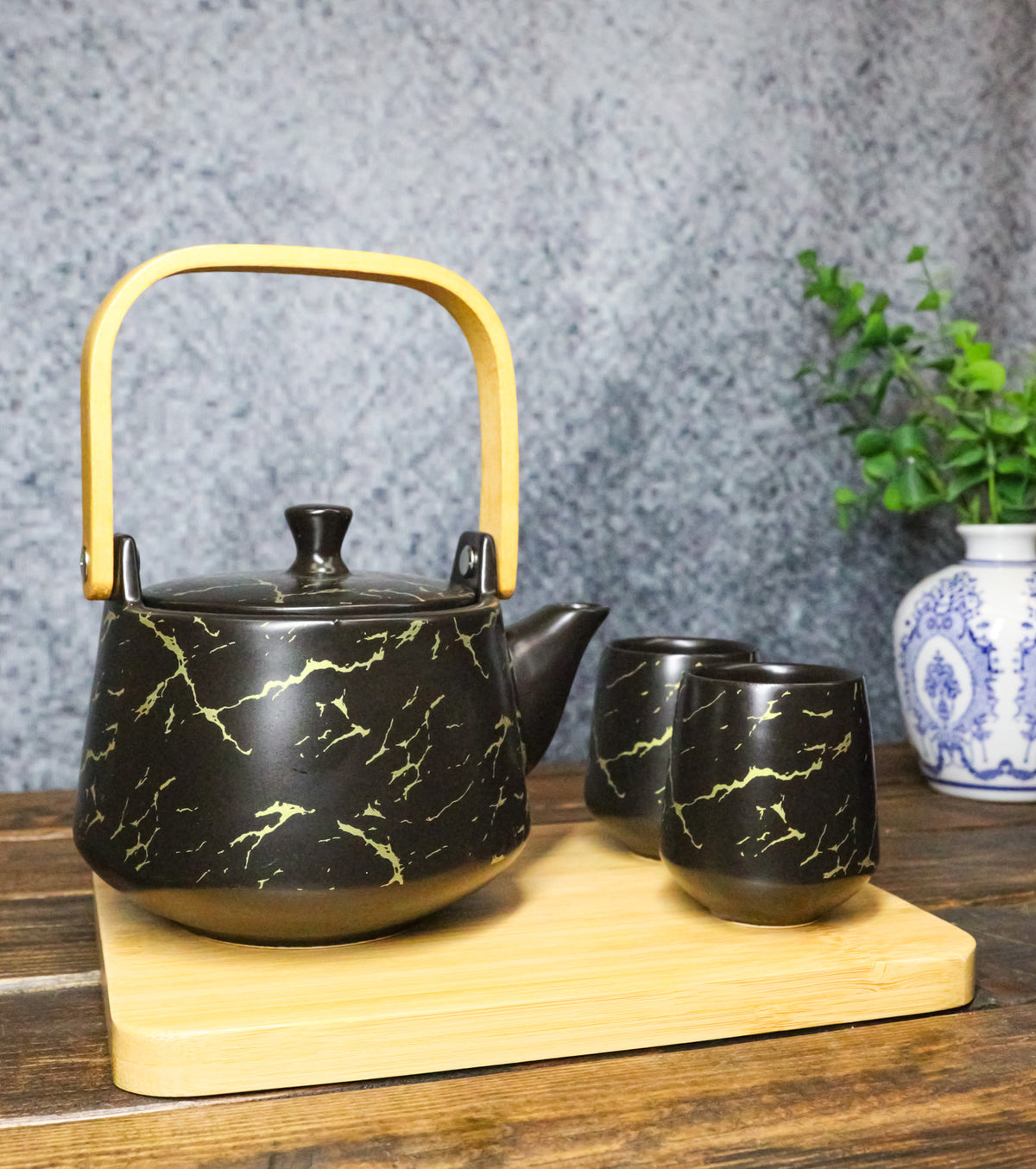 Black Marble Vein Porcelain 22oz Teapot And 2 Tea Cups With Bamboo Tray Set