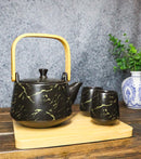 Black Marble Vein Porcelain 22oz Teapot And 2 Tea Cups With Bamboo Tray Set