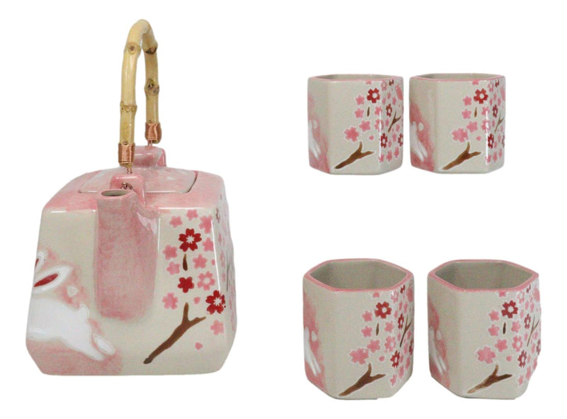 Pink Sakura Cherry Blossoms With Rabbit Hexagonal Teapot With 4 Tea Cups Set