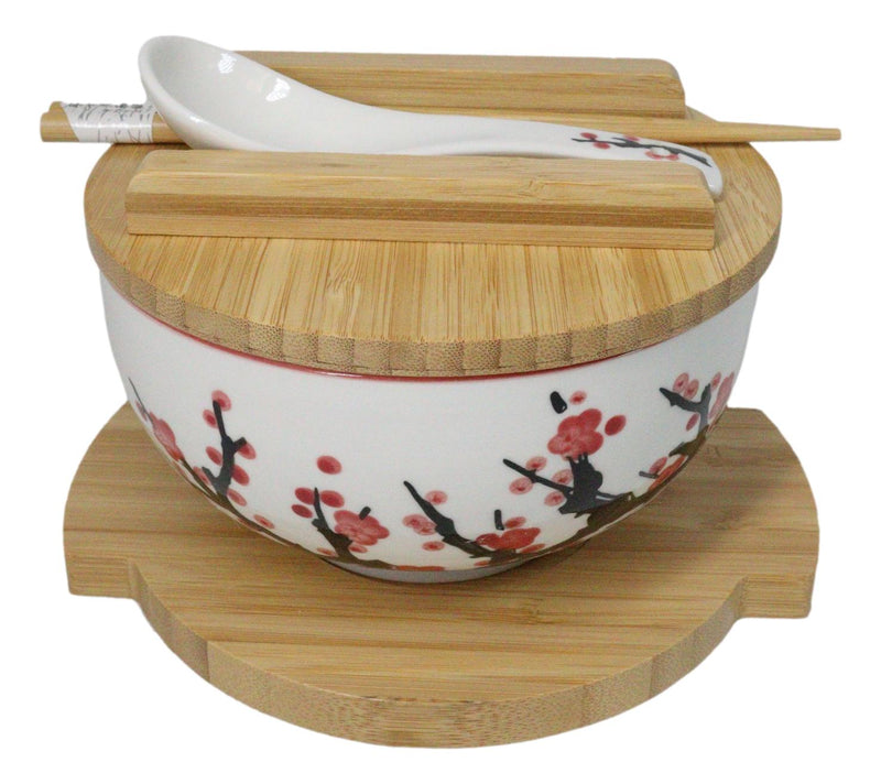 White Ume Plum Blossoms Donburi Ramen Bowl With Lid Trivet Spoon Chopsticks Set