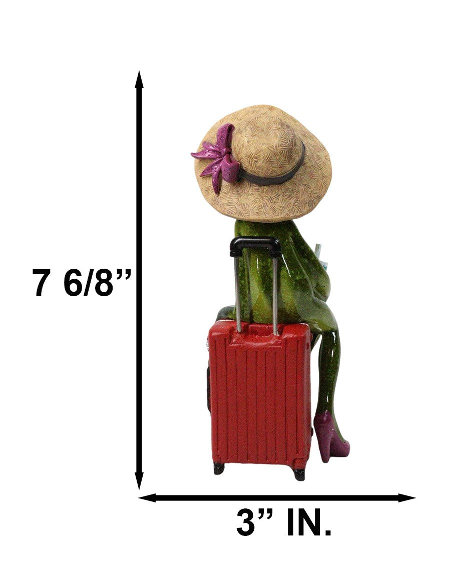 Ebros Frog Lady on Suitcase Beach Hat Red Stilettos Resin Figurine 7.75"