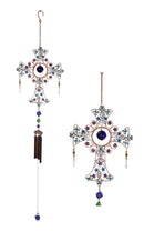 Blue Floral Scroll with Gemstones Christian Cross Art Glass Metal Wind Chime