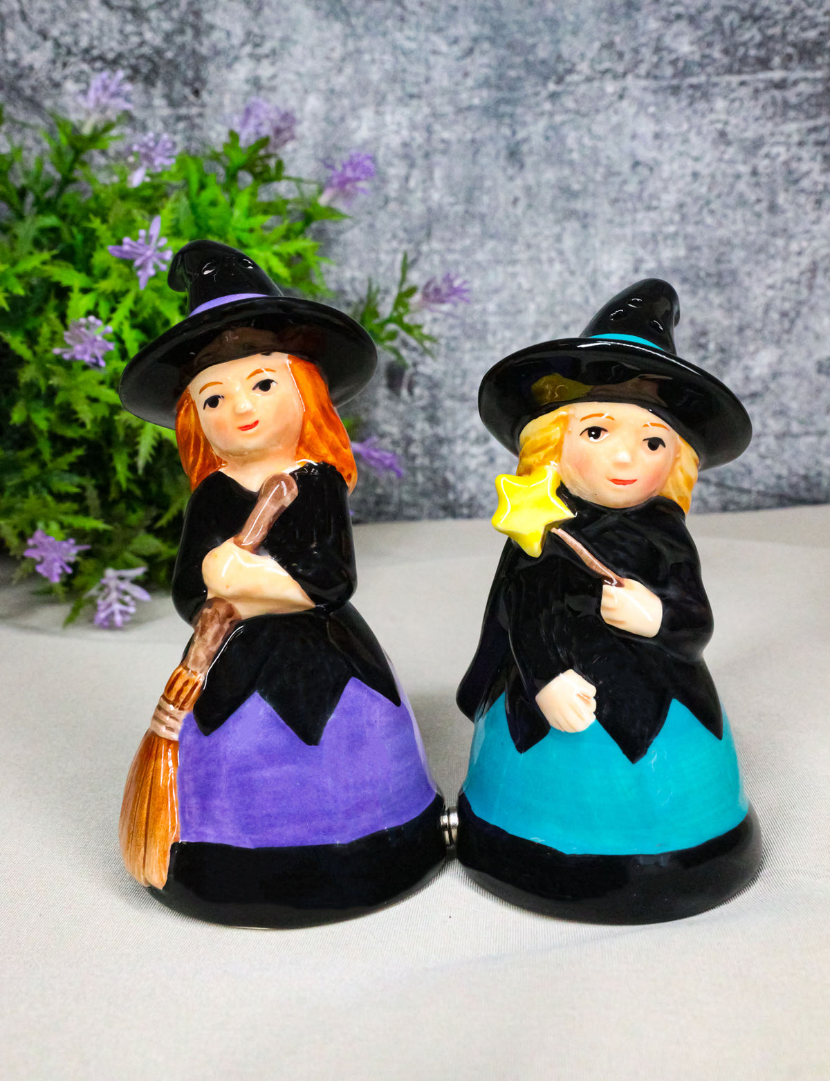 Hocus Pocus Witches With Broomstick Magic Wand Ceramic Salt Pepper Shakers Set
