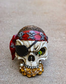 Pirate Skull Treasure With Bandana Eyepatch Gold Coins & Pearl Jewelry Figurine