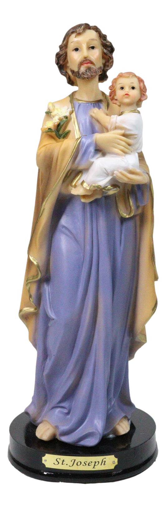 Purple Robe Saint Joseph Carrying Child Jesus Catholic Figurine With Base 12"H