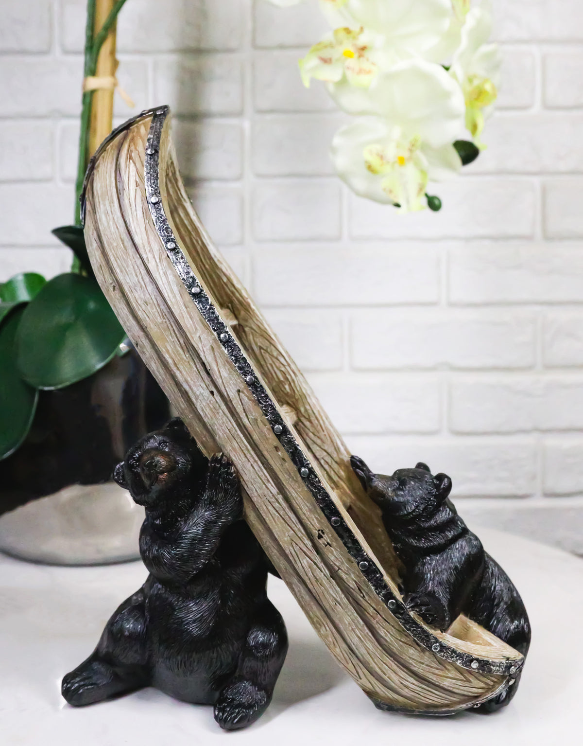 Western Rustic Forest Black Bears Moving A Canoe Boat To The River Figurine