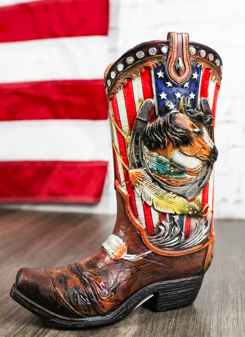 Western USA Flag Horseshoe Southwest Feathers And Horse Cowboy Boot Money Bank