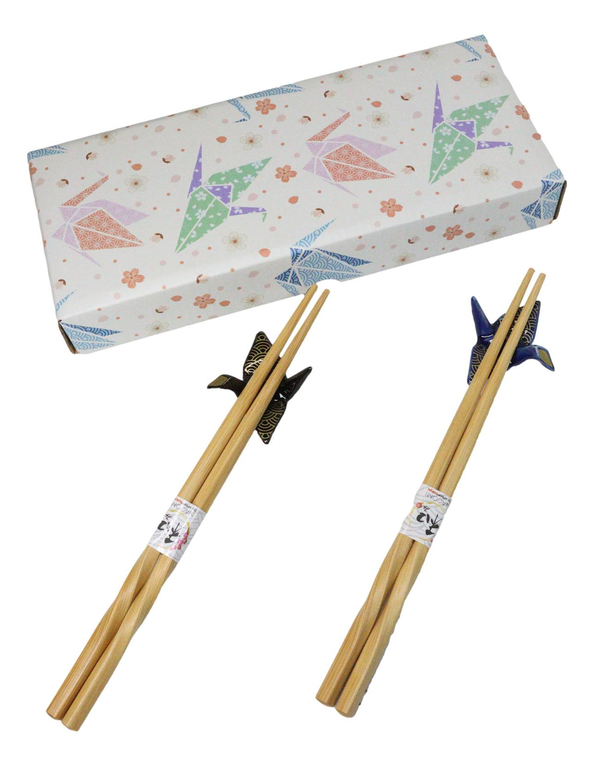 Blue And Black Seigaiha Artful Cranes Set of 2 Chopsticks And Ceramic Rests Set