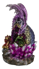 Purple Mother Dragon Guarding LED Faux Crystals Egg With Hatchlings Figurine
