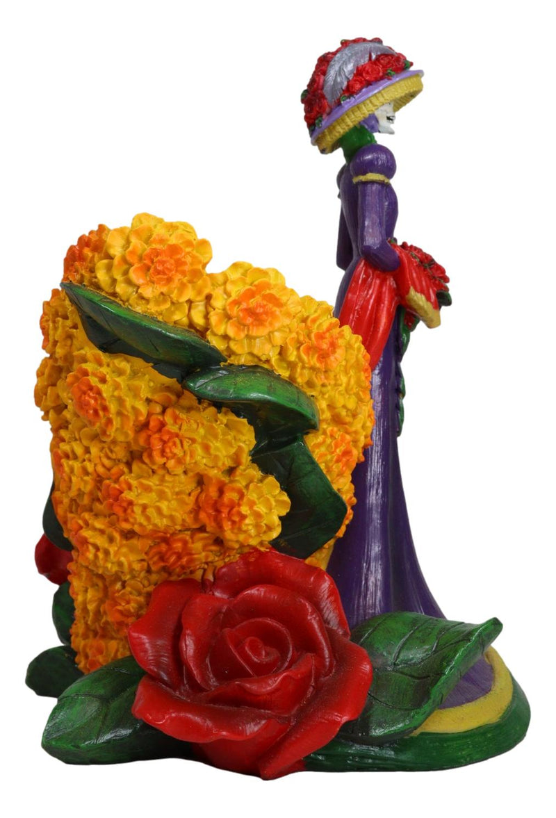 Sugar Skull Day of The Dead Lady Catrina Roses And Florals Wine Holder Figurine