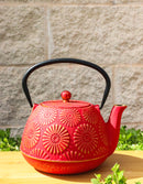 Red Gold Kiku Chrysanthemum Floral Design Large Cast Iron Tetsubin Teapot 40oz
