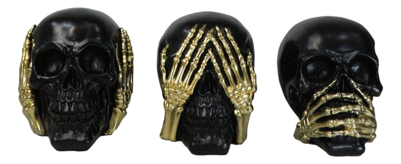 Set Of 3 Gothic Black See Hear Speak No Evil Skulls Gold Bone Hands Figurines