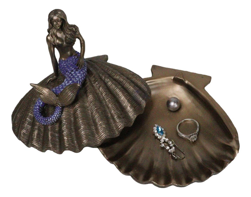 Beautiful Mermaid Sitting On Giant Sea Shell Decorative Jewelry Box Figurine