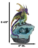 Green Purple and Gold Earth Dragon On LED Faux Geode Crystals Rock Figurine