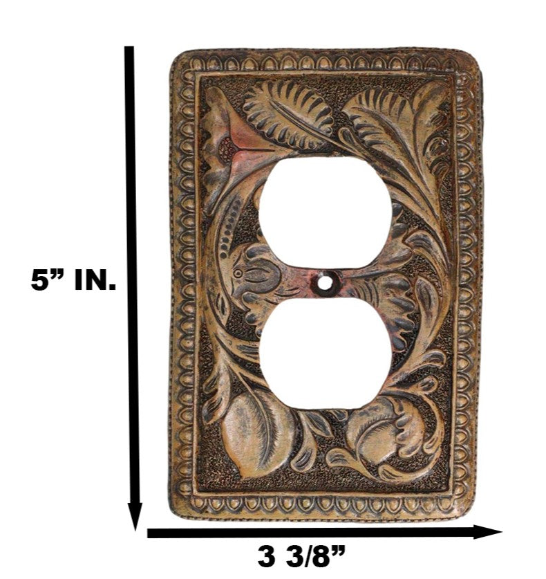 Set of 2 Rustic Western Tooled Floral Lace Double Receptacle Outlet Wall Plates