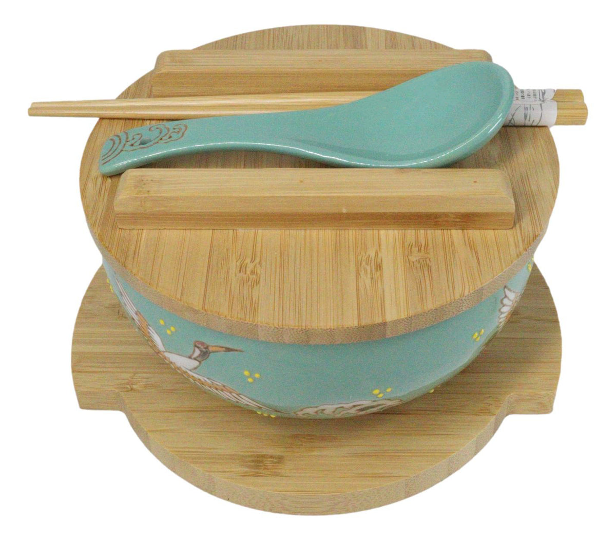Turquoise Japanese Crane Donburi Ramen Bowl With Lid Trivet Spoon Chopsticks Set